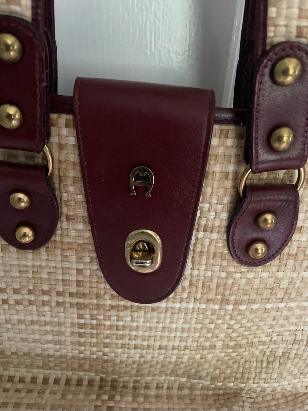 Vintage Aigner Woven Straw Tote Bag with Burgundy Trim - Picture 4 of 5